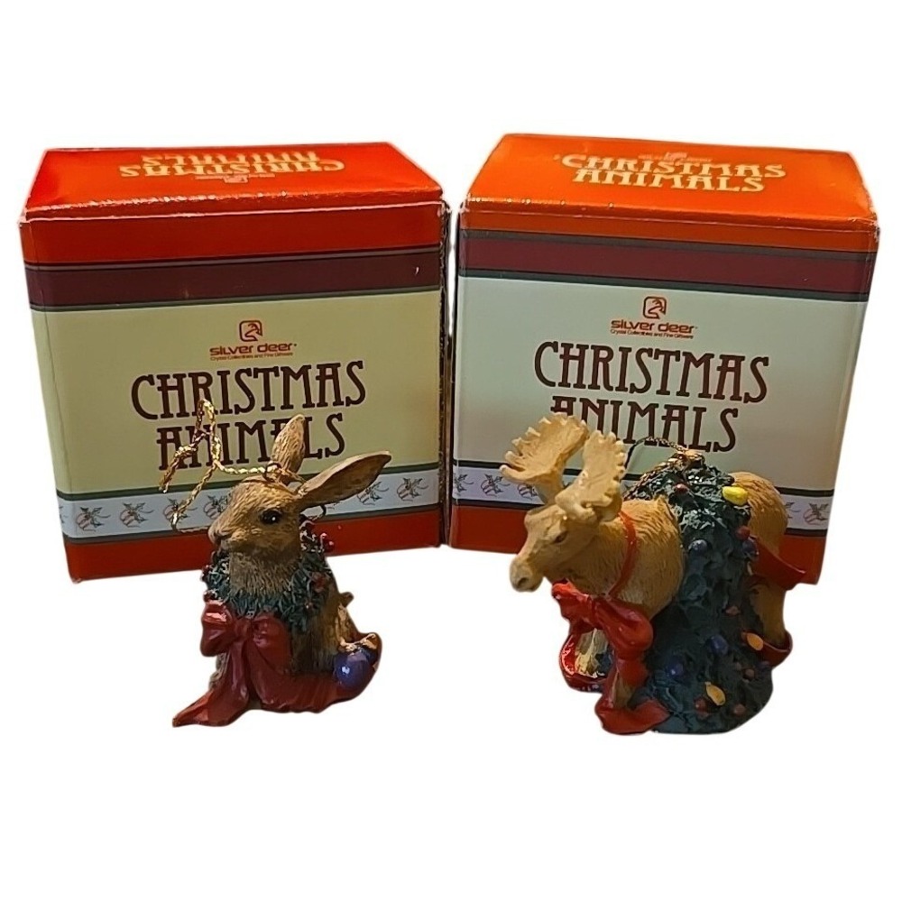 Vintage Silver Deer Christmas Animals Moose Rabbit Ornaments 1991 With‎ Boxes